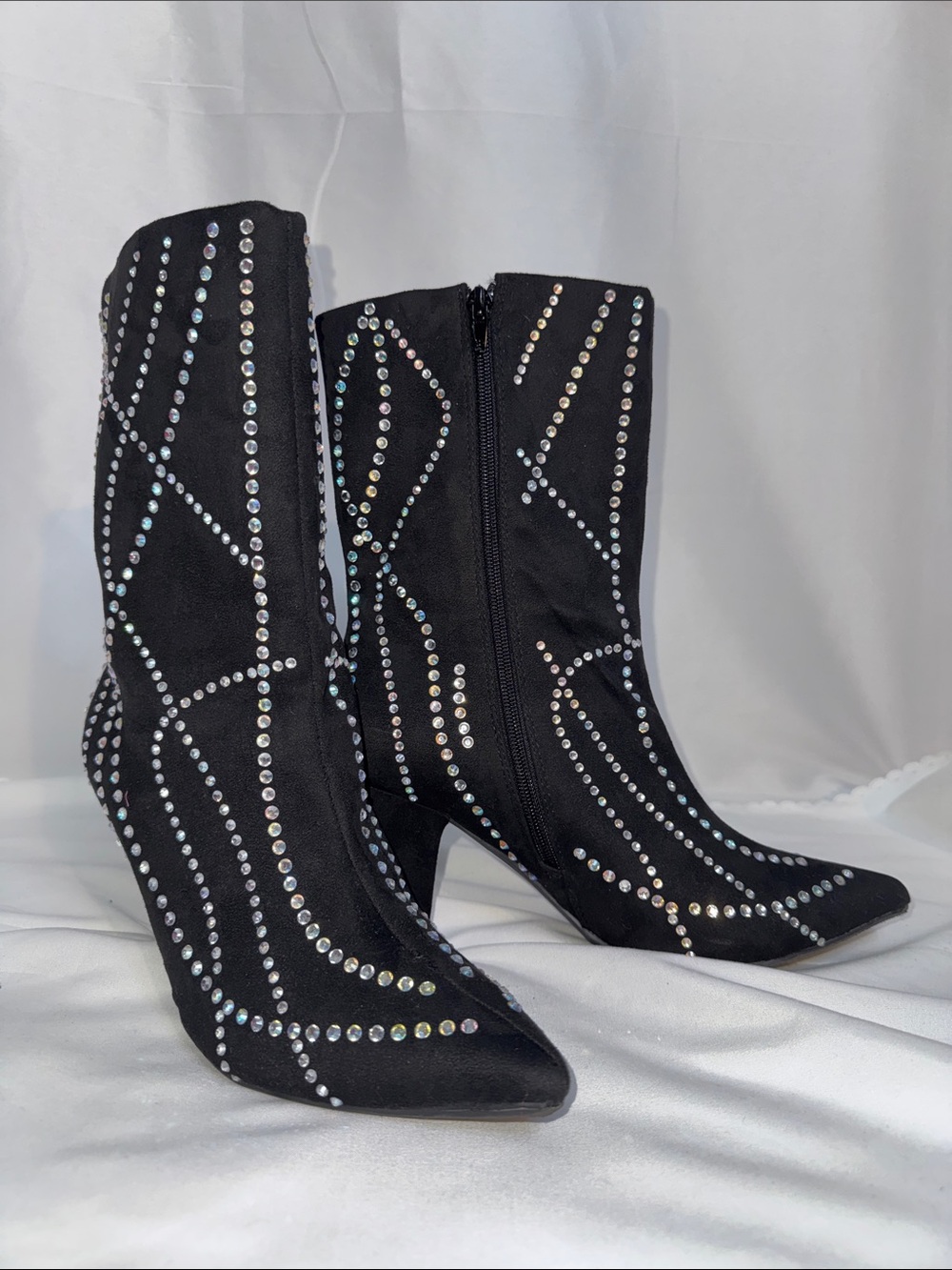 New Black Rhinestone Pointed-Toe Mid-Heel Ankle Boots size 10